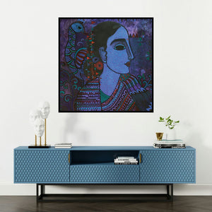 'Lady With Peacock (Enchanted Muse: A Symphony of Colors)' painting by Mamta Mondkar shown on a wall in a furnished room.