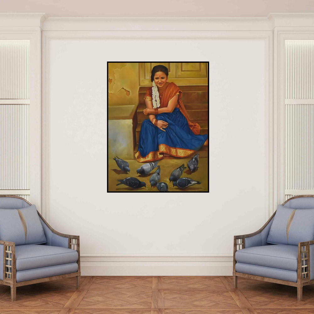 'Lady With Pigeons (A Girl's Gentle Offering)' painting by Kamal Rao shown on a wall in a furnished room.