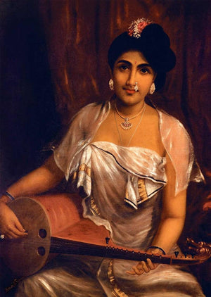 Lady Playing The Veena (The Melodic Muse) by Raja Ravi Varma, Print Oil Figurative Painting on Canvas, X-Small Vertical Wall Art