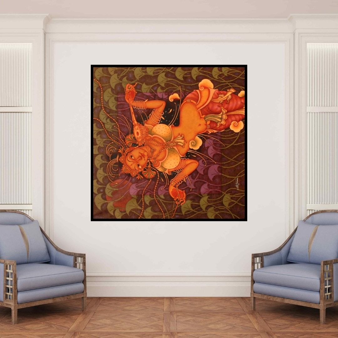 In-situ view of Manikandan Punnakkal's 'Lady Playing Veena' painting in a room