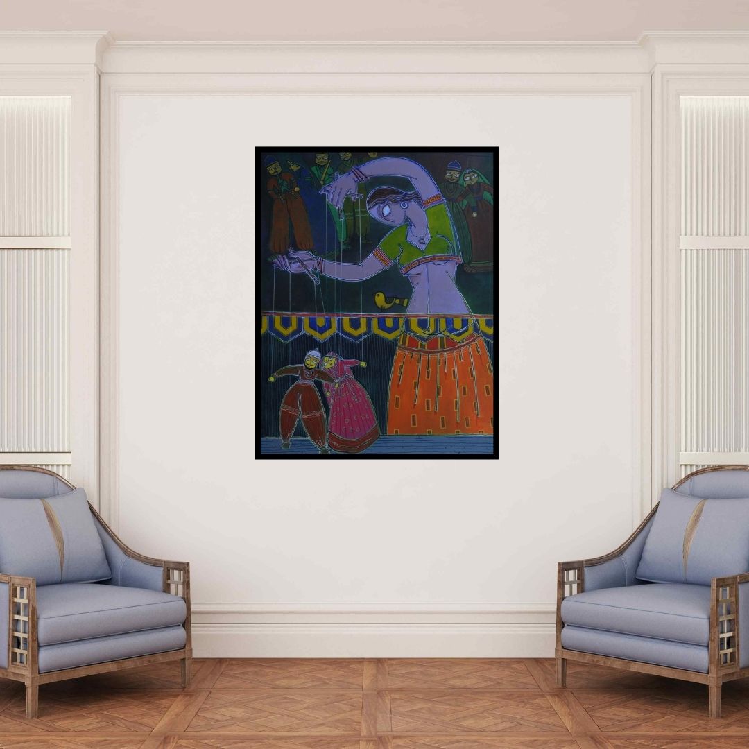 In-situ view of Santanu Nandan Dinda's 'Lady With A Puppet 3 (The Puppet Master)' painting in a room