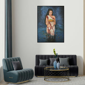 Kamal Rao's 'Lady In The River (A Glimpse of Beauty)' painting visualized above a sofa in a contemporary room.