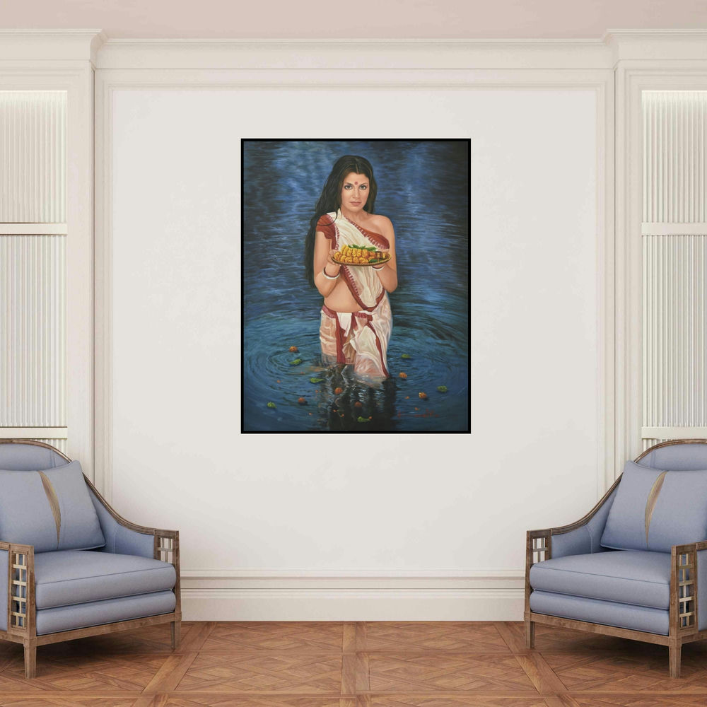 'Lady In The River (A Glimpse of Beauty)' painting by Kamal Rao shown on a wall in a furnished room.