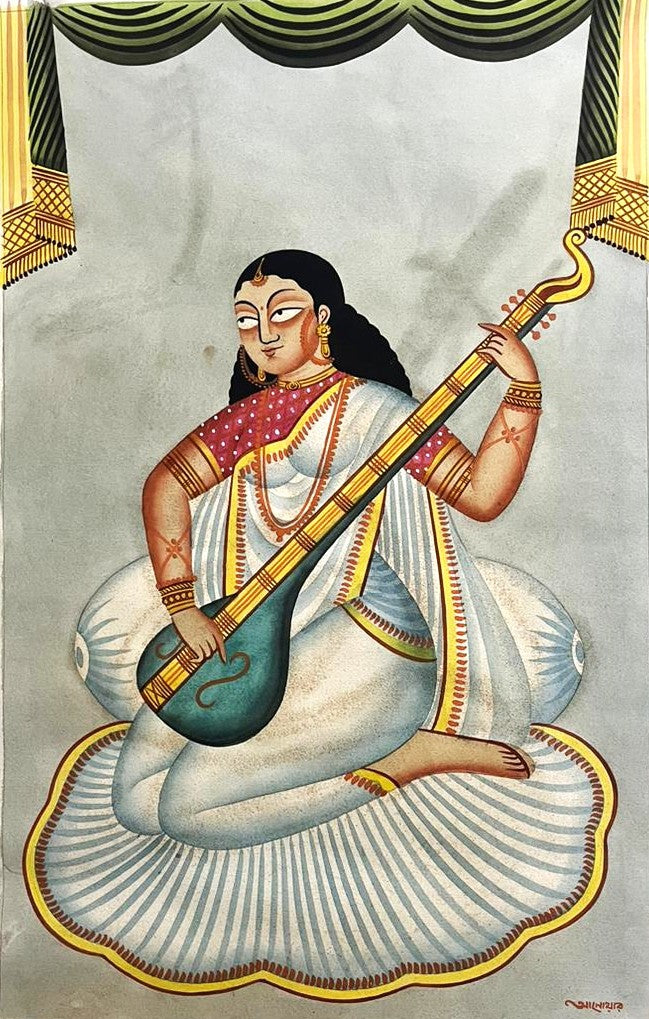 Lady Veena' figurative kalighat Traditional Art by artist Anwar Chitrakar, 22x14 inch, on paper