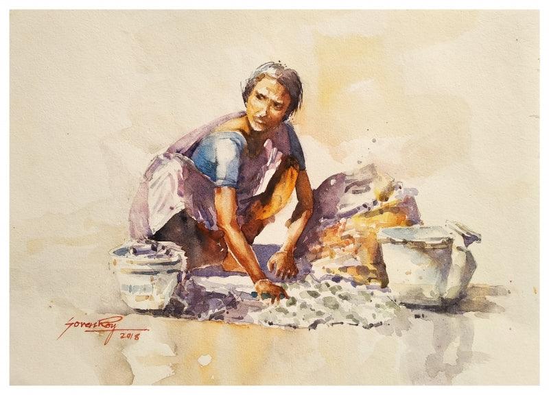 Lifestyle watercolor painting titled 'Lady washing clothes', 14x10 inches, by artist Soven Roy on Handmade Paper