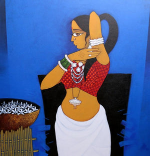 Figurative acrylic painting titled 'Lady With Flower 2', 36x36 inches, by artist GAJRAJ CHAVAN on Canvas