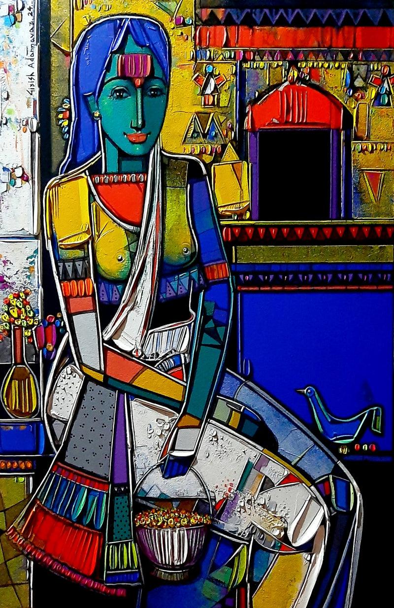 Lady With Flowers painting by Girish Adannavar