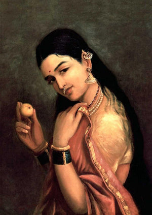 Lady With Lemon (A Moment of Refreshment) by Raja Ravi Varma, Print Oil Figurative Painting on Canvas, X-Small Vertical Wall Art