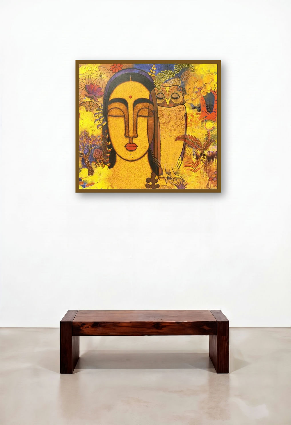 Lady With Owl (The Wise Guardian) by artist Mamta Mondkar displayed in a Transitional Bedroom