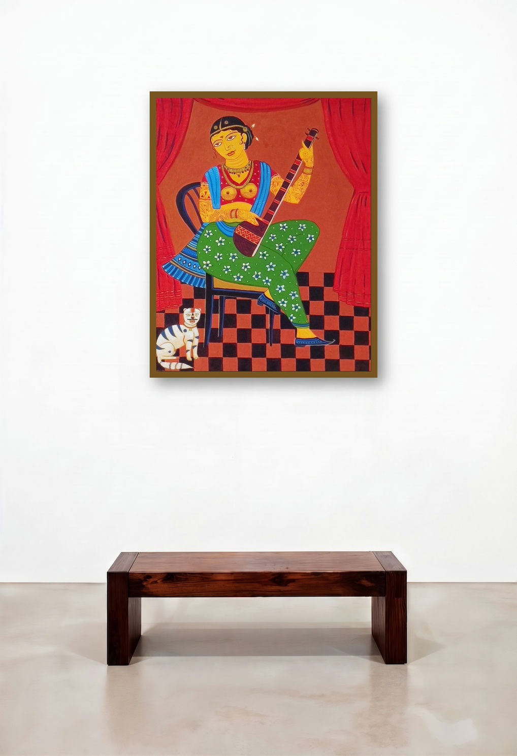 Lady With Sitar (A Moment of Musical Bliss) by artist Bhaskar Lahiri displayed in a Mid-Century Modern Reception Area