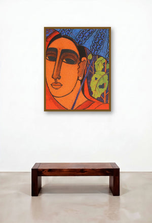 Lady With Umberella (Whispers of the Forest: A Portrait in Hues) by artist Mamta Mondkar displayed in a Boutique Hotel Style Study