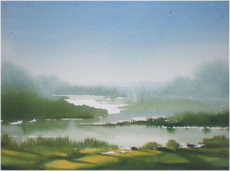 Landscape watercolor painting titled 'Lake', 13x10 inches, by artist Fareed Ahmed on Paper