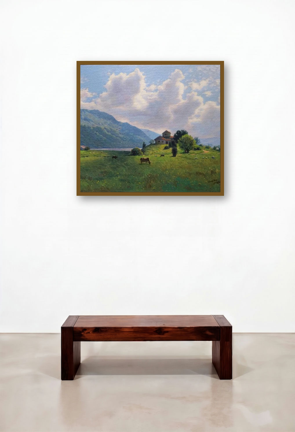 Lake House (A Pastoral Scene) by artist Sanjay Sarfare displayed in a Contemporary Luxury Living Room
