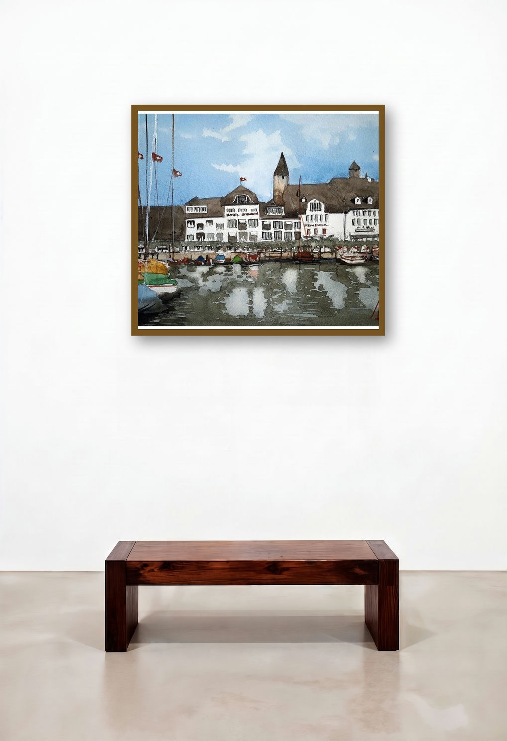 Lake Zurich Switzerland (Harbor on Lake Zurich) by artist Arunava Ray displayed in a Rustic Study