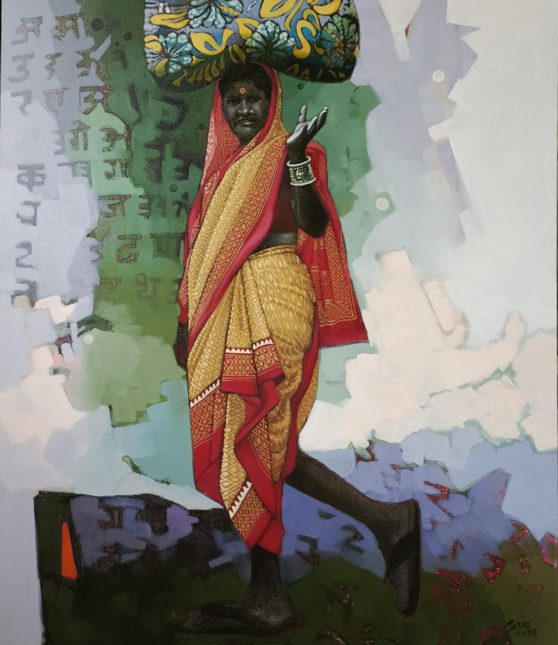 'Laksh 3' figurative acrylic painting by artist Navnath Kshirsagar, 42x36 inch, on canvas