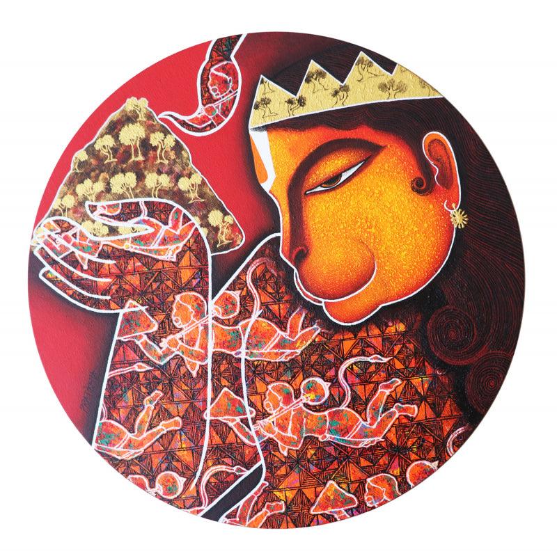 Religious acrylic painting titled 'Lakshamanpranandatre', 16x16 inches, by artist Pratiksha Bothe on Canvas