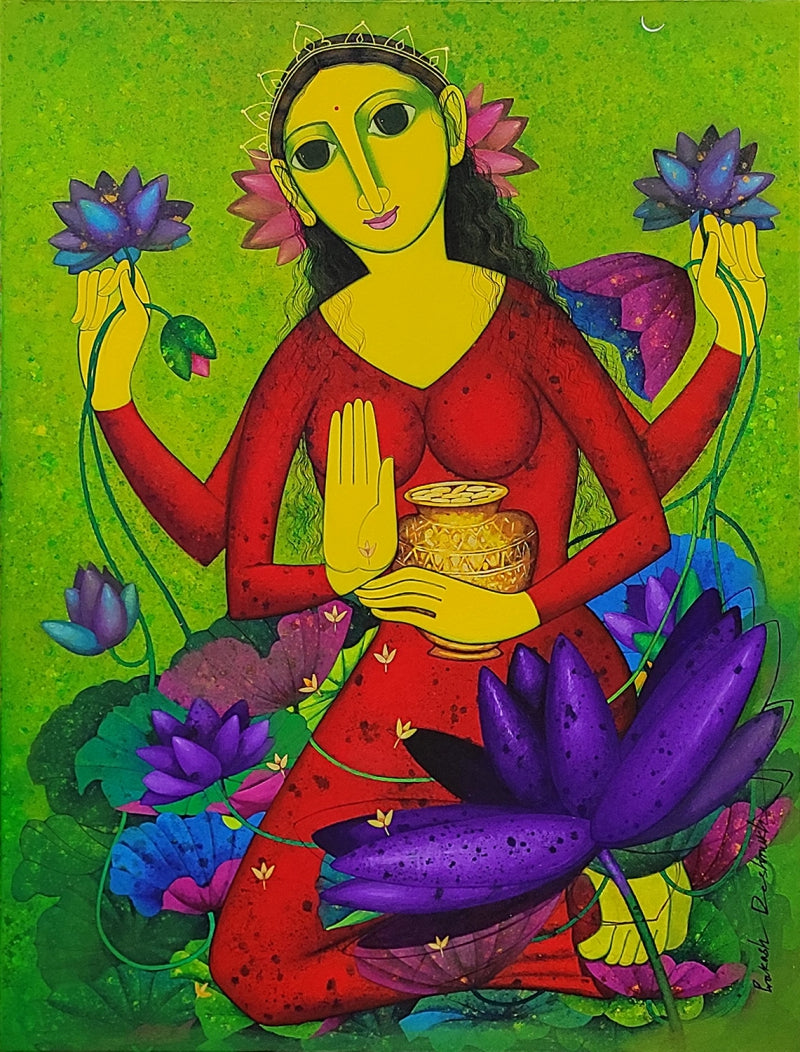 Lakshmi' religious acrylic painting by artist Prakash Deshmukh, 48x36 inch, on canvas