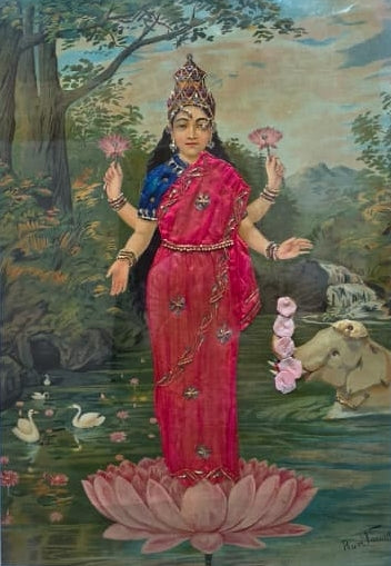 Lakshmi' religious oleograph painting by artist Raja Ravi Varma, 25x19 inch, on paper