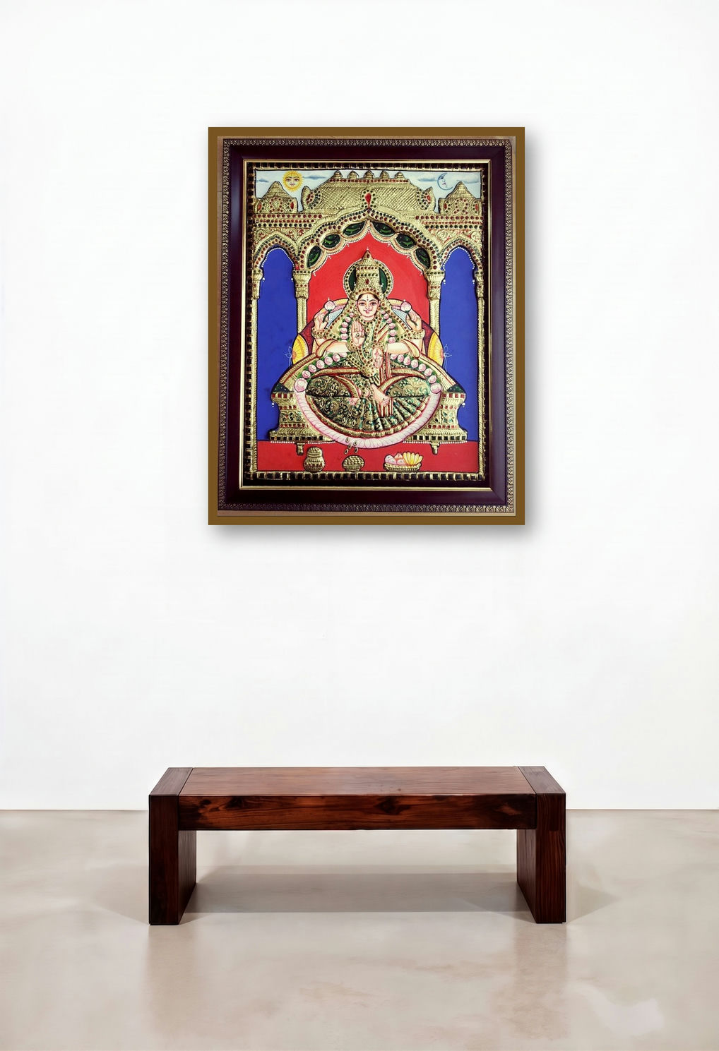 Lakshmi Tanjore Painting (Goddess Lakshmi with Elephants) by artist Vani Vijay displayed in a Japandi Home Office
