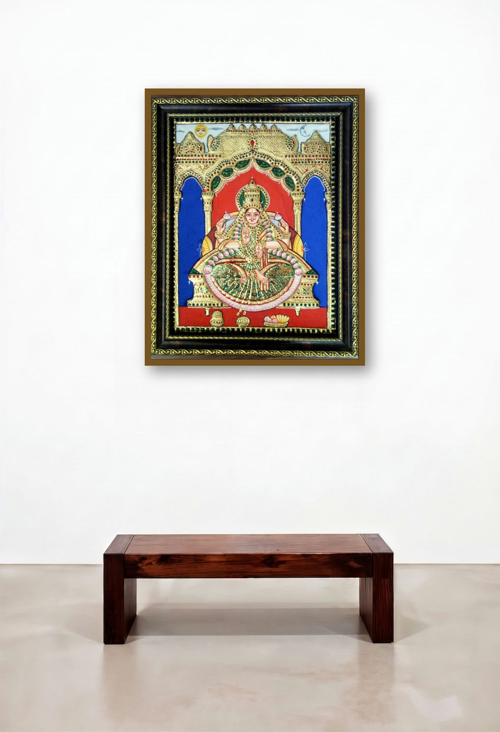 Lakshmi Tanjore Painting Ii (Goddess Lakshmi) by artist Vani Vijay displayed in a Contemporary Hallway