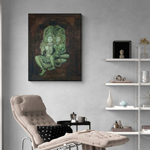 Lisha N T's 'Lakshminarayana (Shiva and Parvati)' Painting visualized above a sofa in a contemporary room
