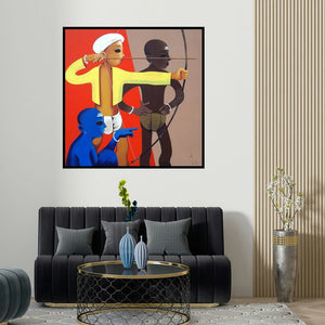 Prakash Pore's 'Sold (Precision and Purpose)' painting visualized above a sofa in a contemporary room.