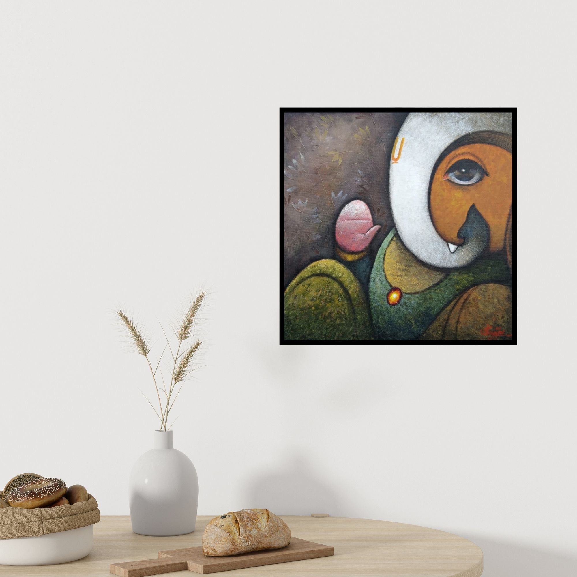 In-situ view of Ram Onkar's 'Lambodara (Open Hand)' painting in a room