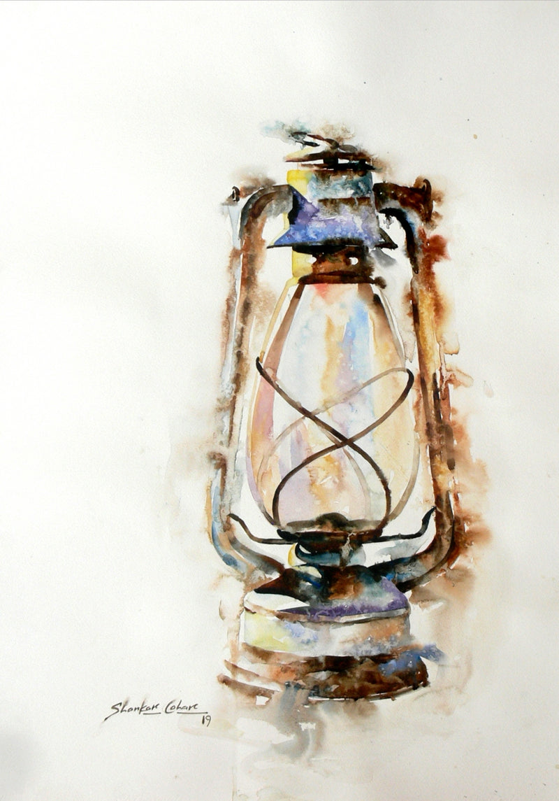 Lamp 3' still-life watercolor painting by artist Shankar Lohar, 30x22 inch, on paper