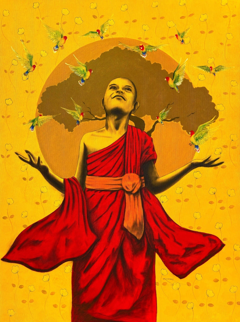 'Land Of Love 2' religious mixed-media painting by artist Yashpal Kamble, 48x36 inch, on canvas