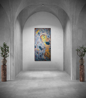 Vanchha Dixit's painting 'The Land (Hidden Depths)' displayed in a modern living room setting