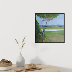 In-situ view of Mansing Jadhav's 'Landscape 1 (Peaceful Retreat)' painting in a room