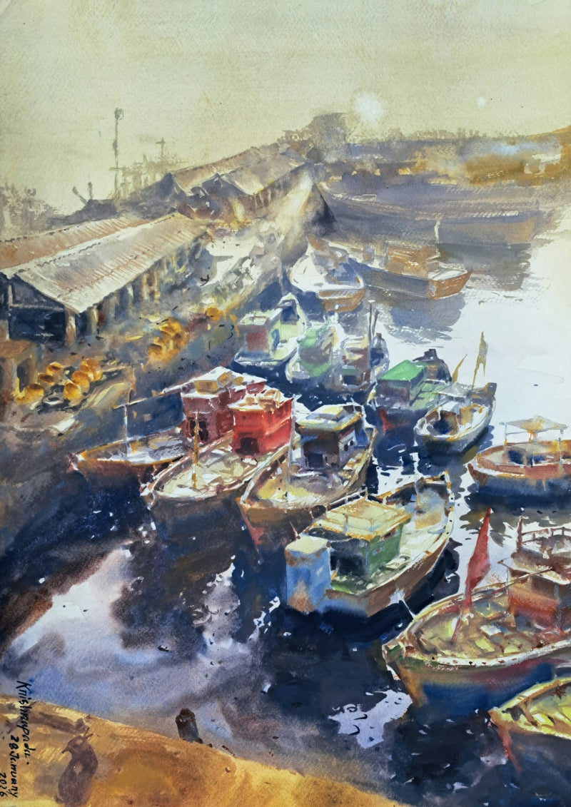 Landscape 1' seascape watercolor painting by artist Krishnapada Maity, 22x14 inch, on paper