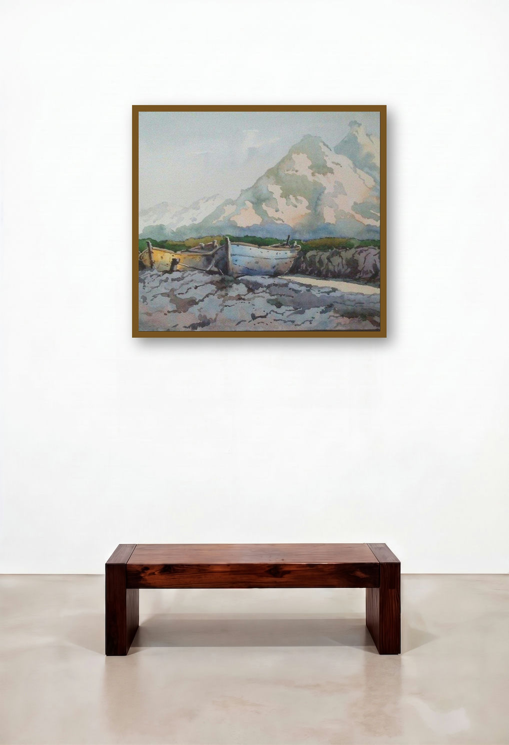 Landscape 16 (Tranquil Mountain Lake with Boats) by artist Surendra Jagtap displayed in a Mid-Century Modern Hotel Lobby
