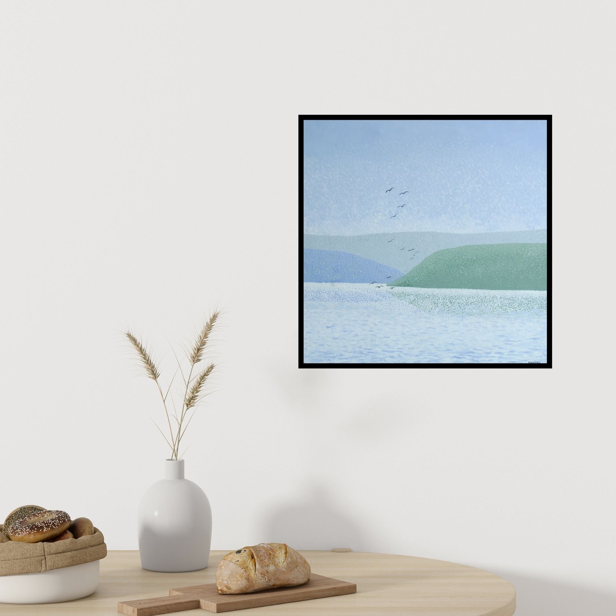 In-situ view of Mansing Jadhav's 'Landscape 2 (Serene Seascape)' painting in a room