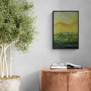 Preview of 'Landscape (Sunlit Skies)' Painting by Anamika S shown on a wall in a furnished room.