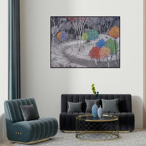 Sanjay Devsale's 'Landscape 3 (A Symphony of Hues)' painting visualized above a sofa in a contemporary room.