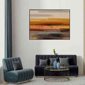 Reba Mandal's 'Landscape 3' painting visualized above a sofa in a contemporary room.