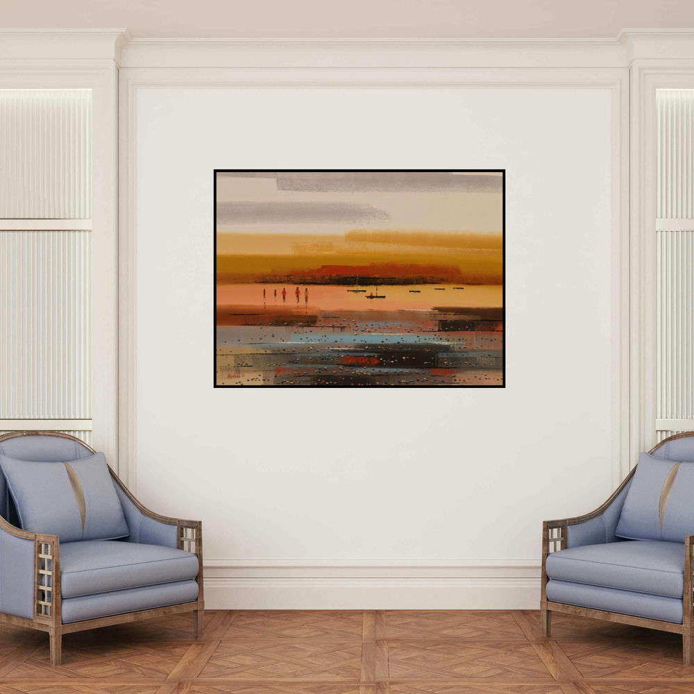 'Landscape 3' painting by Reba Mandal shown on a wall in a furnished room.