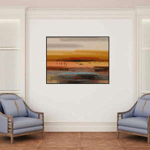'Landscape 3' painting by Reba Mandal shown on a wall in a furnished room.