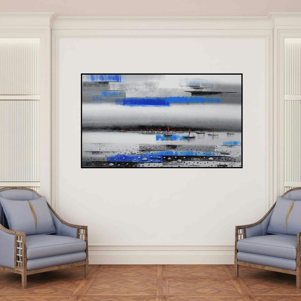 'Landscape 4' painting by Reba Mandal shown on a wall in a furnished room.