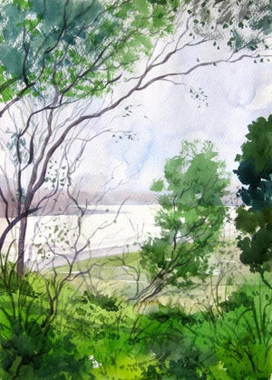 Landscape 4 by Vinayak Potdar, Original Watercolor Nature Painting on Paper, X-Small Vertical Wall Art