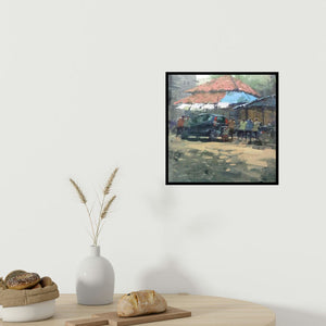 In-situ view of Suresh Jangid's 'Landscape (Daily Life in Mumbai)' painting in a room