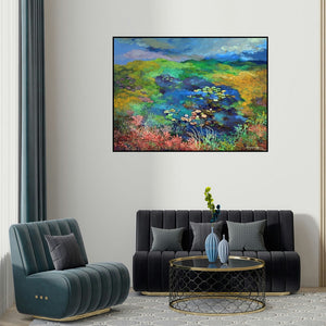 Surya Prakash's 'Landscape (Serene Pond)' painting visualized above a sofa in a contemporary room.