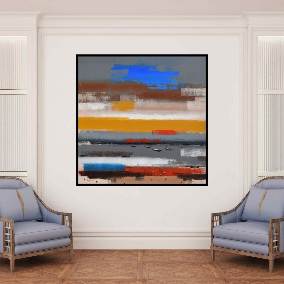 In-situ view of Reba Mandal's 'Landscape 5' painting in a room