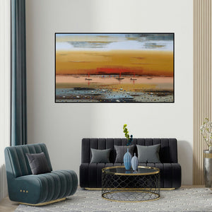 Reba Mandal's 'Landscape 5' painting visualized above a sofa in a contemporary room.