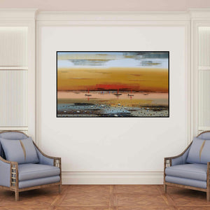 'Landscape 5' painting by Reba Mandal shown on a wall in a furnished room.