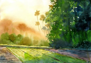 Landscape 5 by Vinayak Potdar, Original Watercolor Landscape Painting on Paper, X-Small Horizontal Wall Art