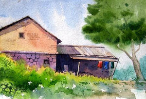 Landscape 6 by Vinayak Potdar, Original Watercolor Landscape Painting on Paper, X-Small Horizontal Wall Art