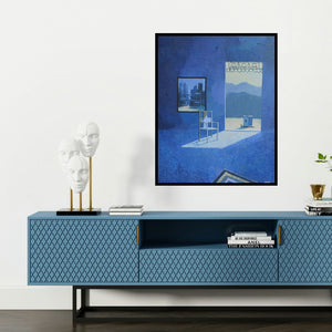 'Landscape (Blue Room with View)' painting by Mansing Jadhav shown on a wall in a furnished room.