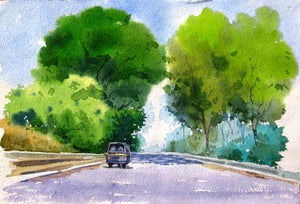 Landscape 7 by Vinayak Potdar, Original Watercolor Landscape Painting on Paper, X-Small Horizontal Wall Art